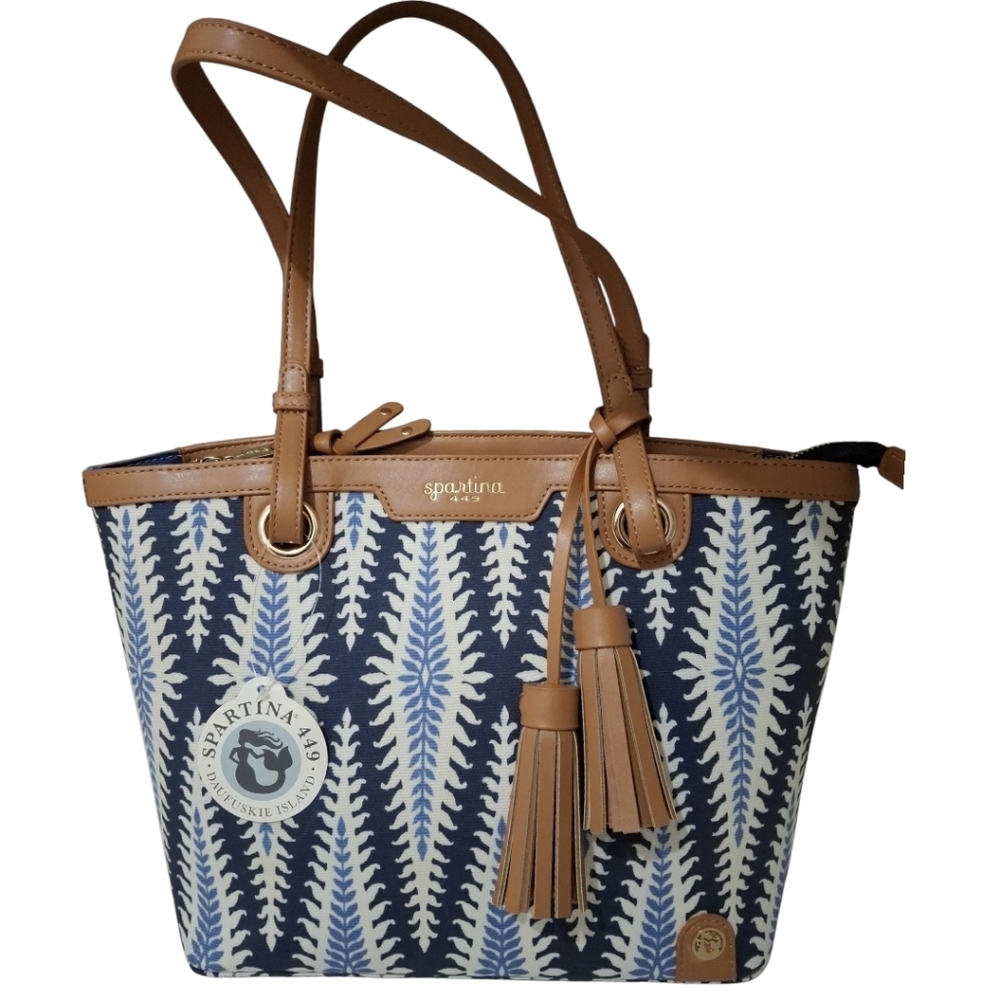 NWT Spartina 449 Tote Bag Leather Tassels & Trims Blue White